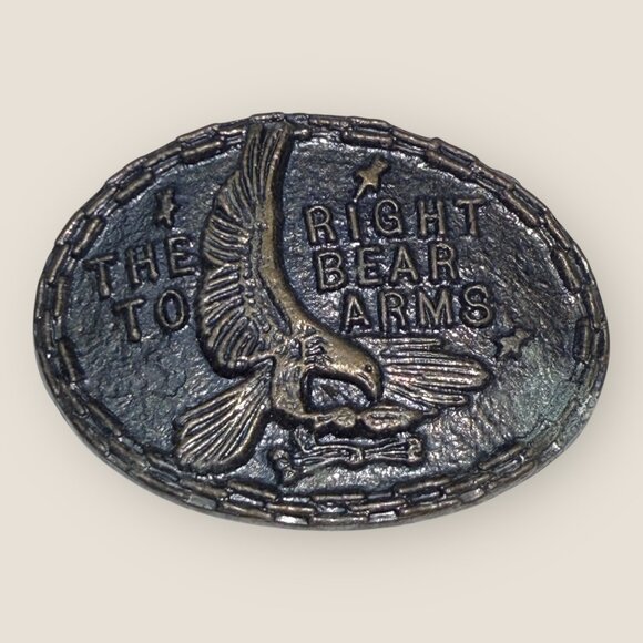 Vintage Oval Metal Belt Buckle With Eagle and The Right To Bear Arms Design - Picture 1 of 4